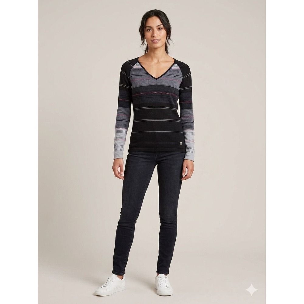 Smartwool Merino Wool V-Neck Striped Colorblock Sweater Black Gray Womens XS